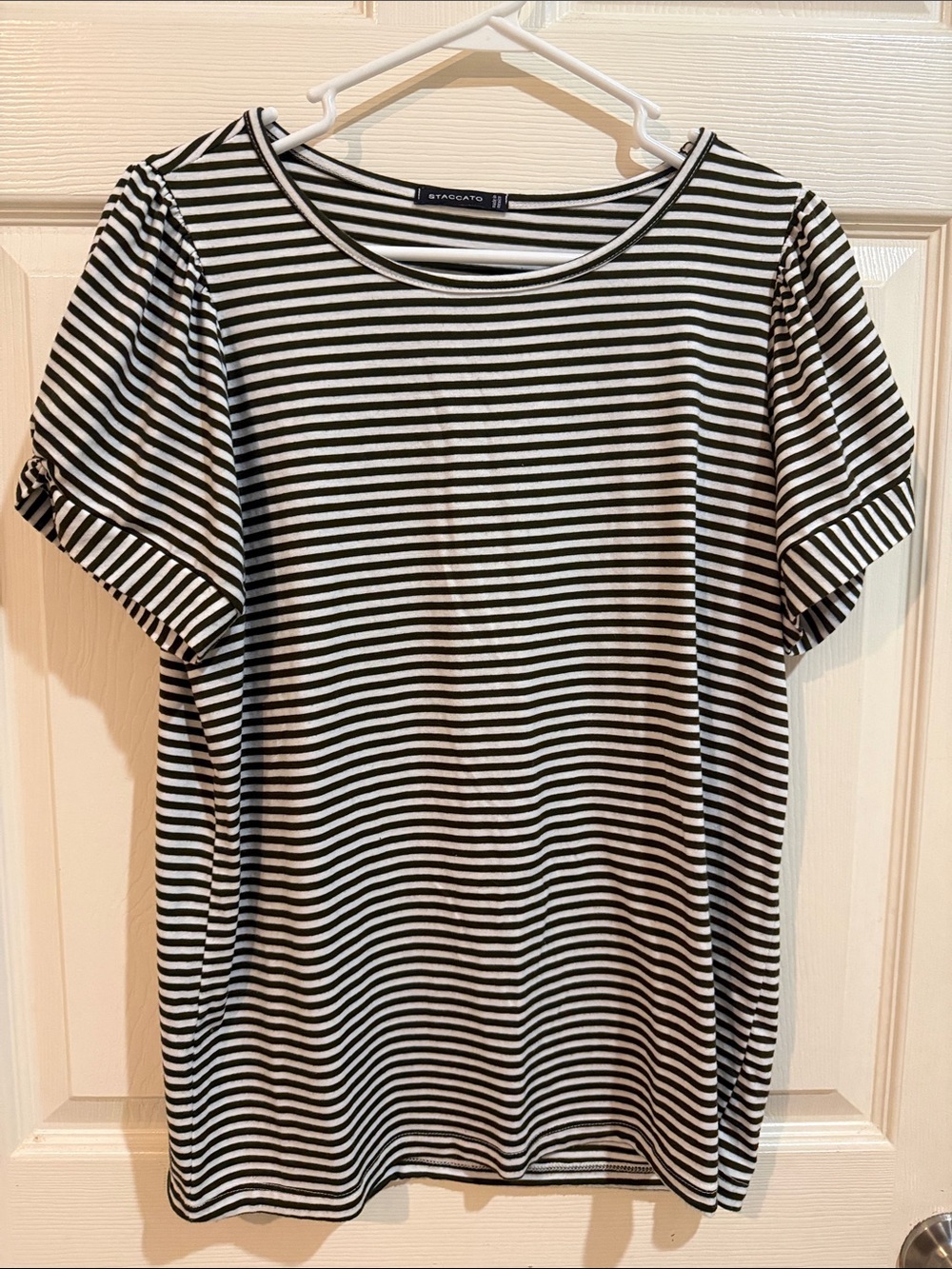 Staccato Black & White Striped Short Sleeve Tee with Puff Sleeves